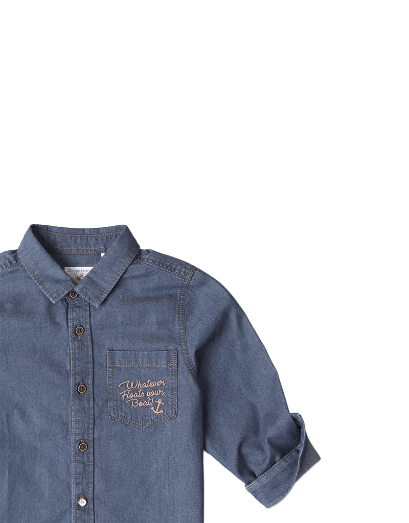جينجرسنابس قميص بولو جينز ولادي كم طويل بأزرار أمامية أزرق