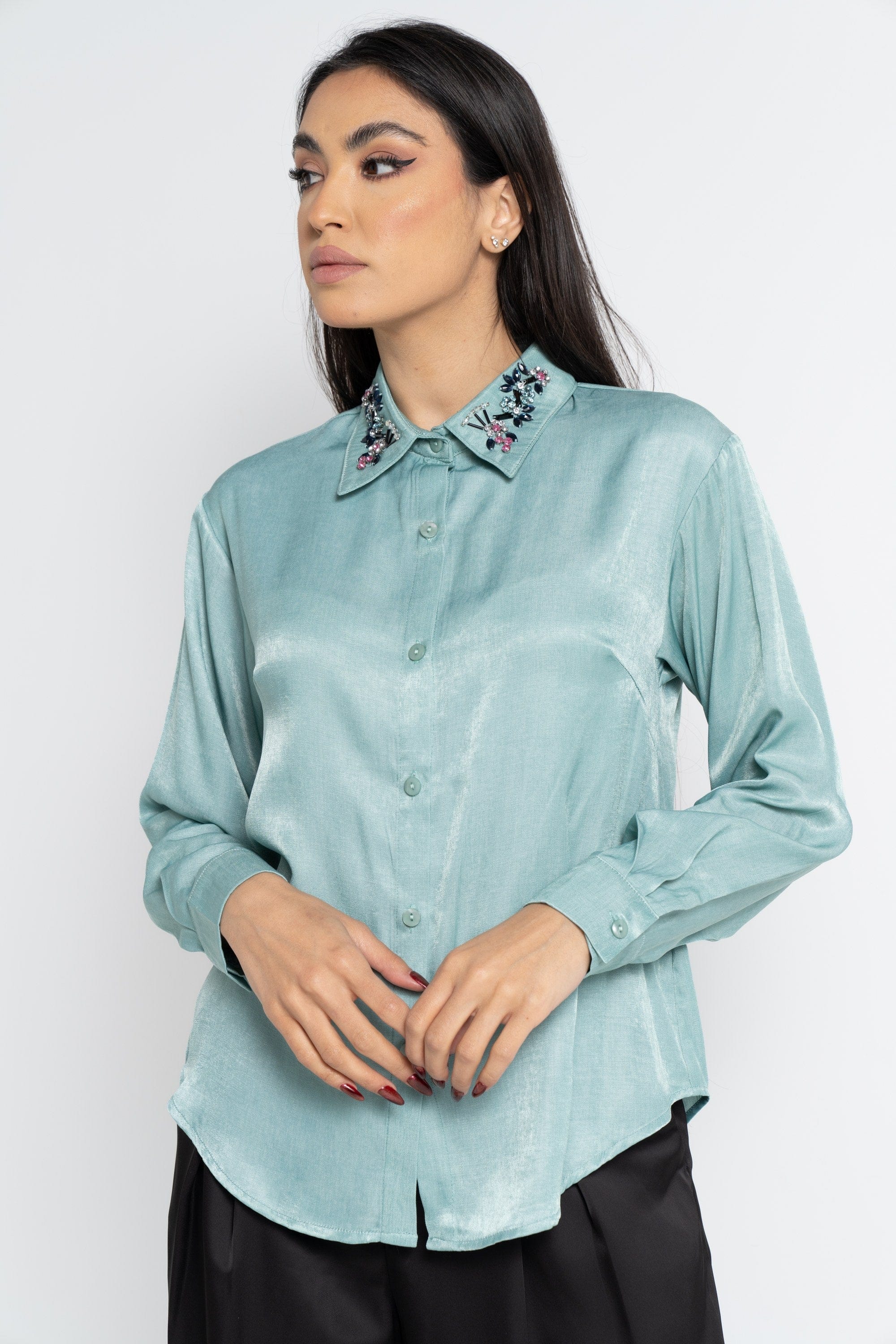 نتشي قميص طويل الأكمام سادة بياقة مطرزة نسائي