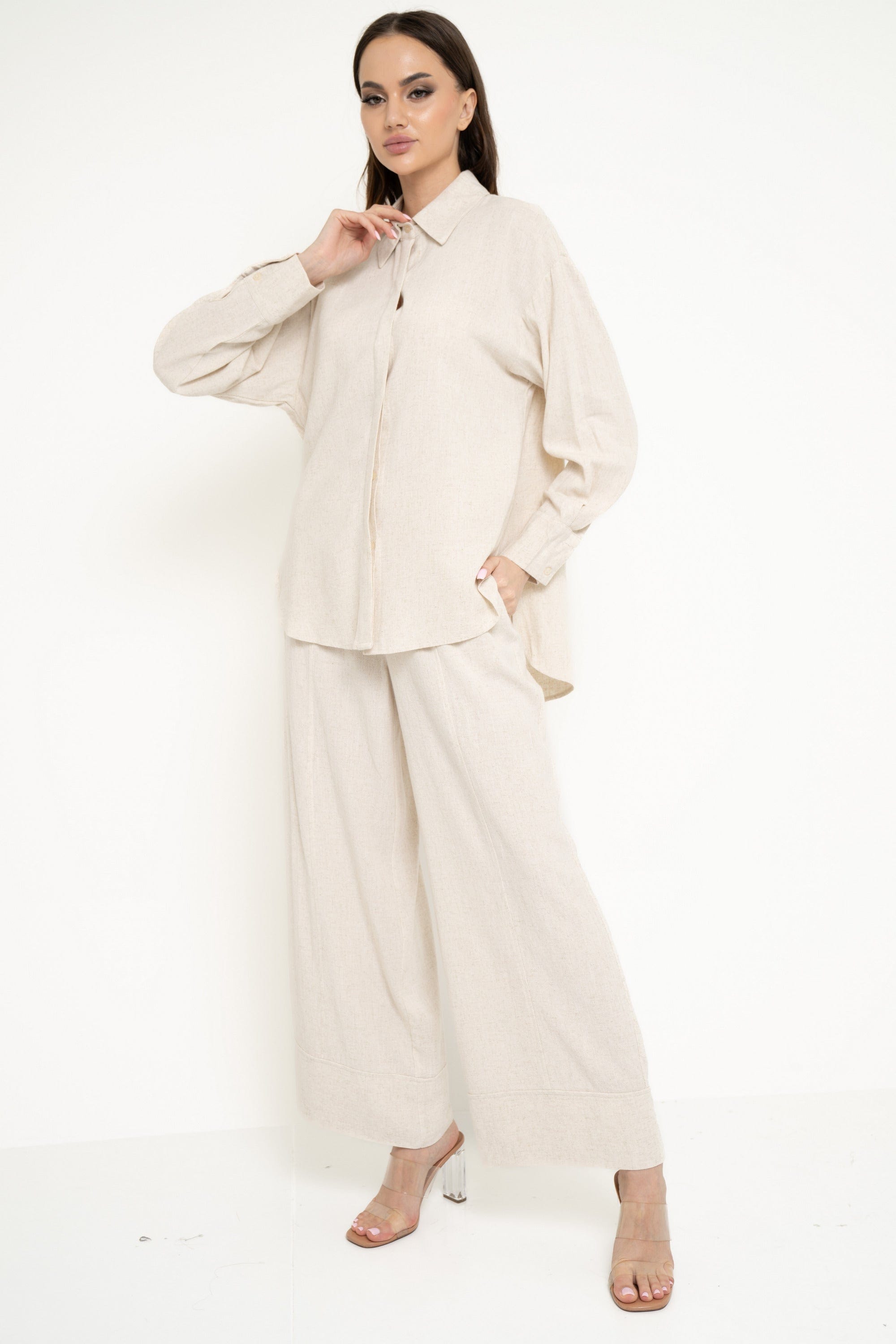 نتشي قميص بأزرار أمامية سادة كم طويل وياقة نسائي