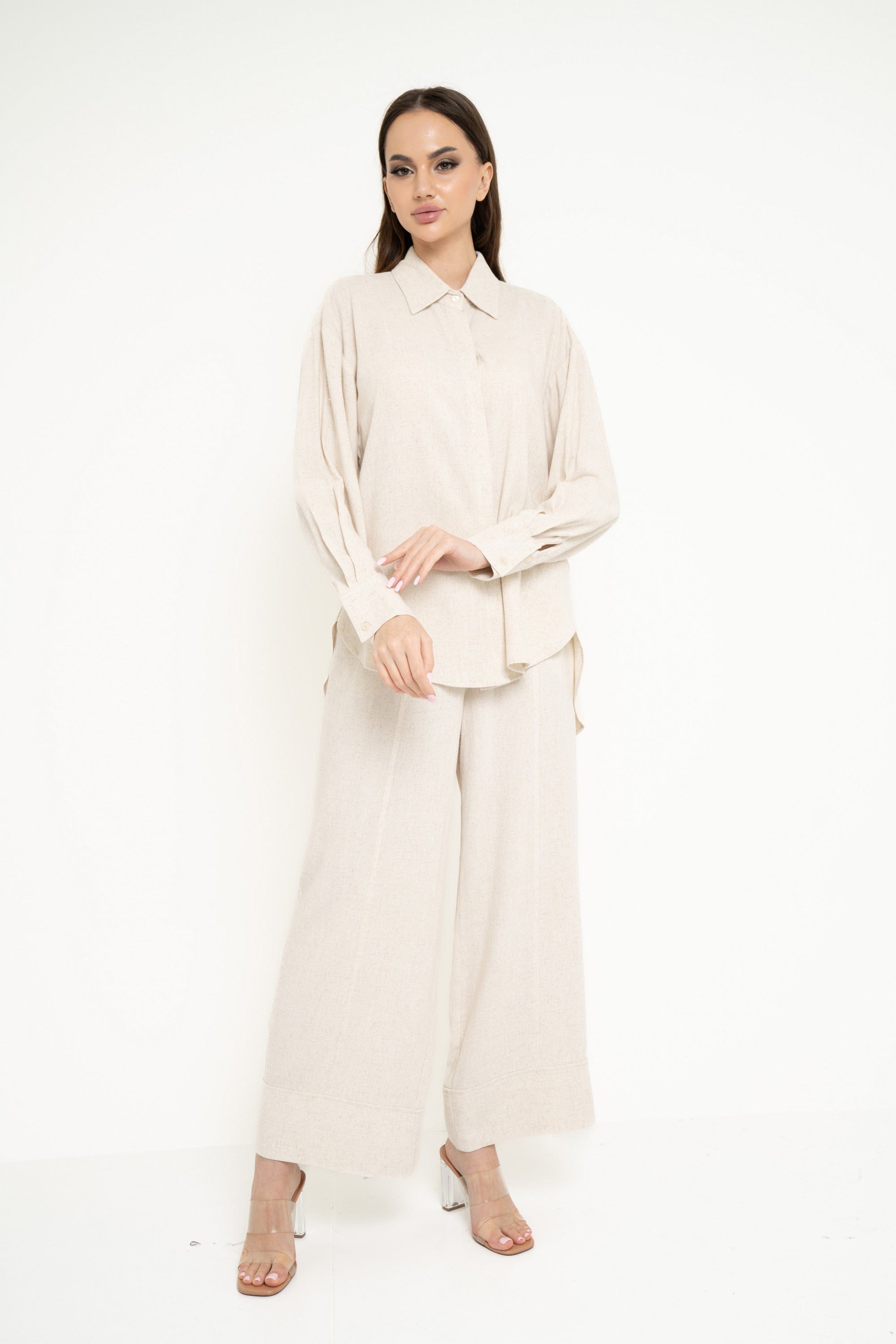 نتشي قميص بأزرار أمامية سادة كم طويل وياقة نسائي