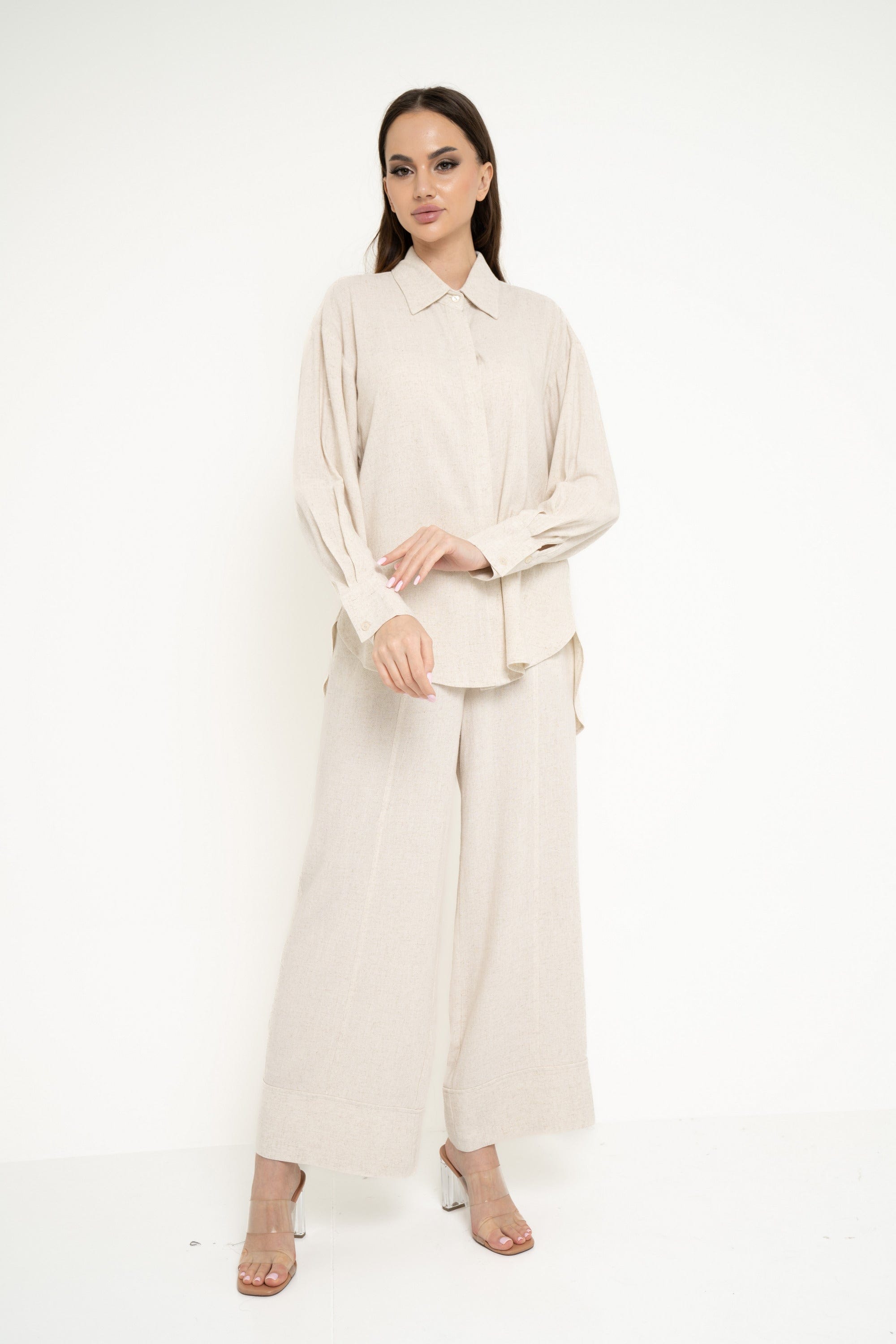 نتشي قميص بأزرار أمامية سادة كم طويل وياقة نسائي