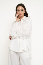 نتشي قميص بأزرار أمامية سادة كم طويل وياقة نسائي