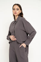 نتشي قميص بأزرار أمامية سادة كم طويل وياقة نسائي