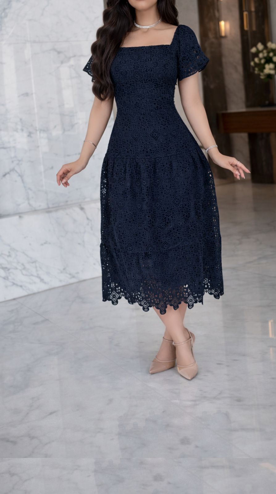 Shop Dark Blue Midi A-Line Dress - Short-Sleeve