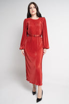 نتشي فستان ميدي بأكمام طويلة بليسيه نسائي أحمر