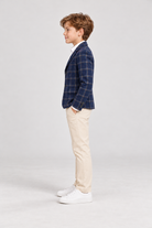 Left model view of Gingersnaps boys navy plaid blazer