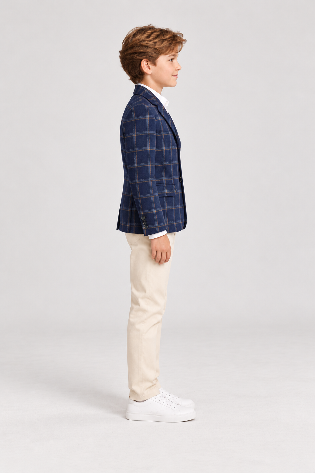 Right model view of Gingersnaps boys navy plaid blazer