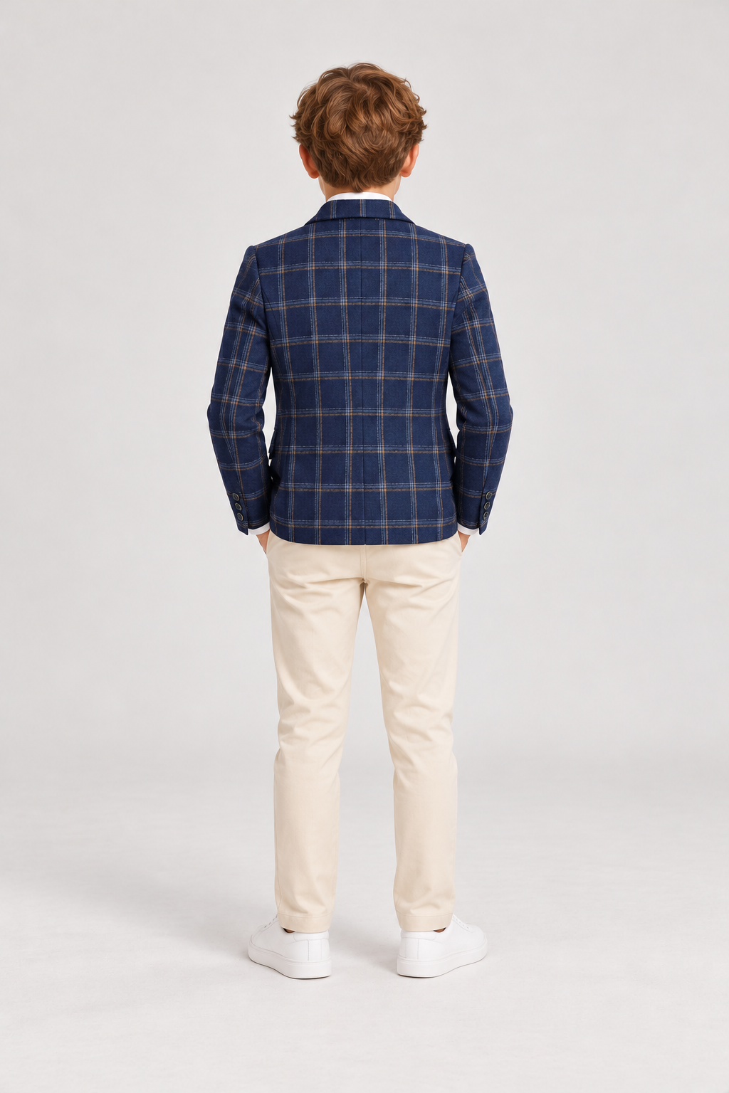 Back model view of Gingersnaps boys navy plaid blazer
