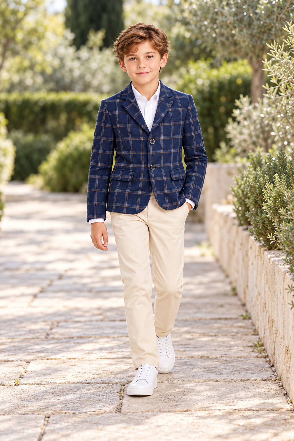Lifestyle view of Gingersnaps boys navy plaid blazer