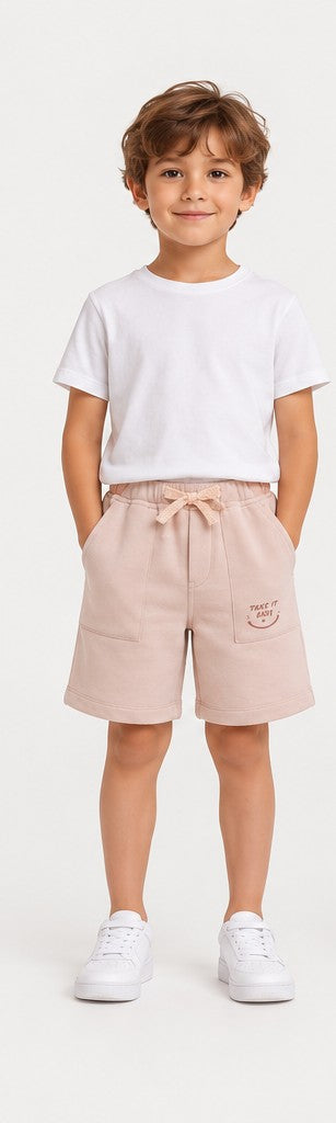 Front view of Gingersnaps boys blush pink printed shorts
