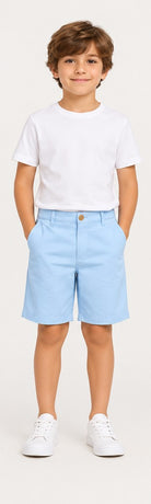 Front view of Gingersnaps boys light blue shorts