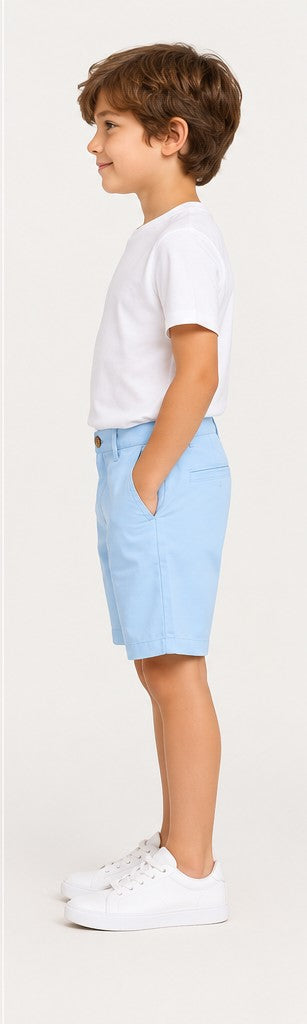 Left side view of Gingersnaps boys light blue shorts