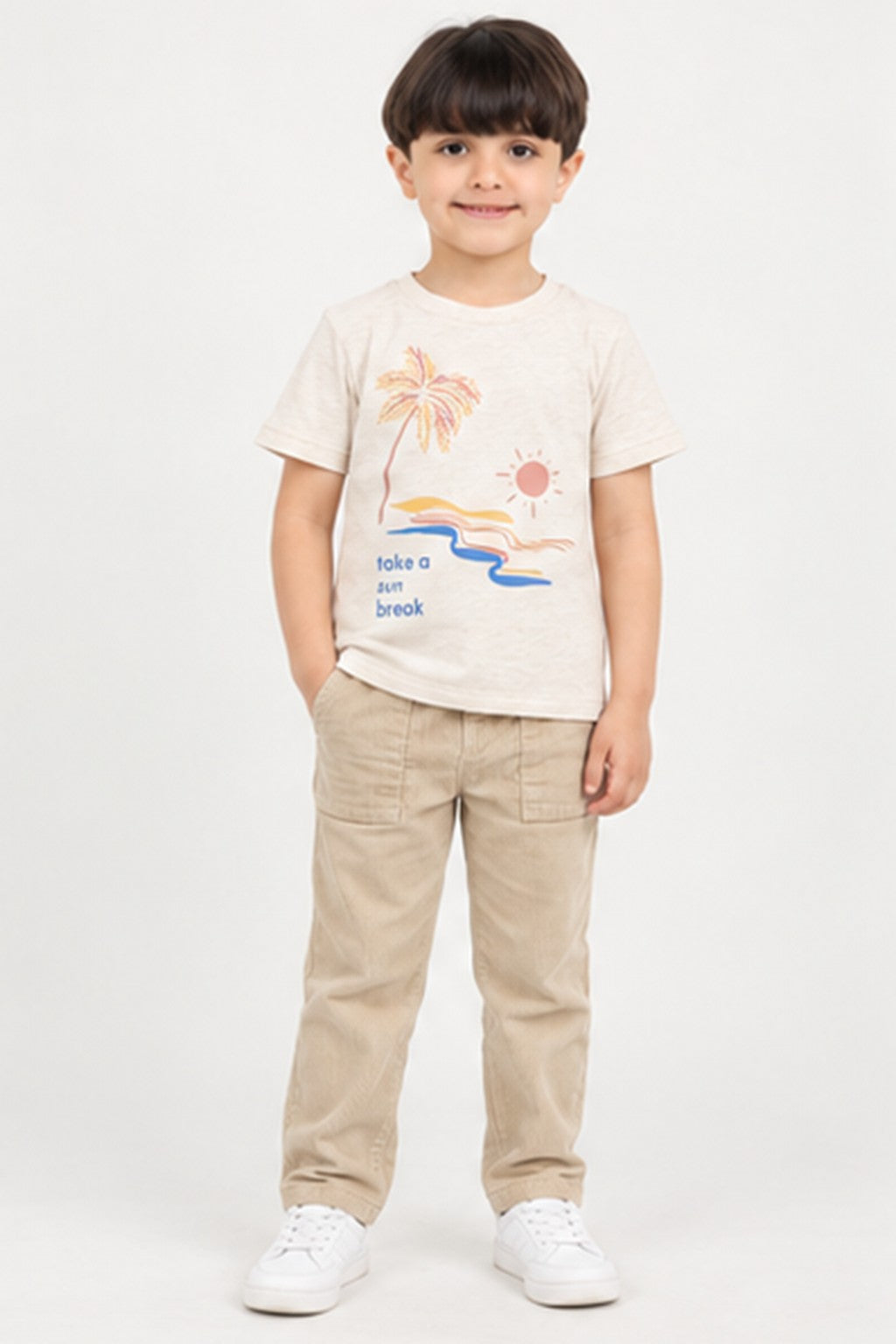 Boys' beige beach graphic T-shirt — front
