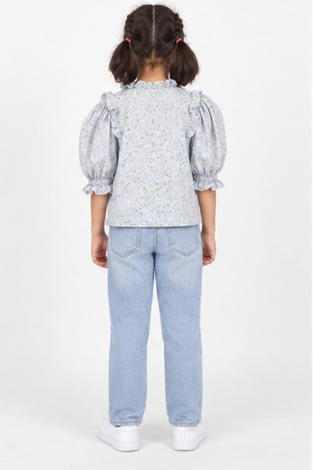 Girls' blue floral puff sleeve blouse — back
