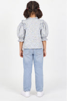 Girls' blue floral puff sleeve blouse — back