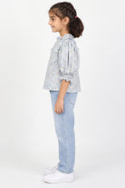 Girls' blue floral puff sleeve blouse — left