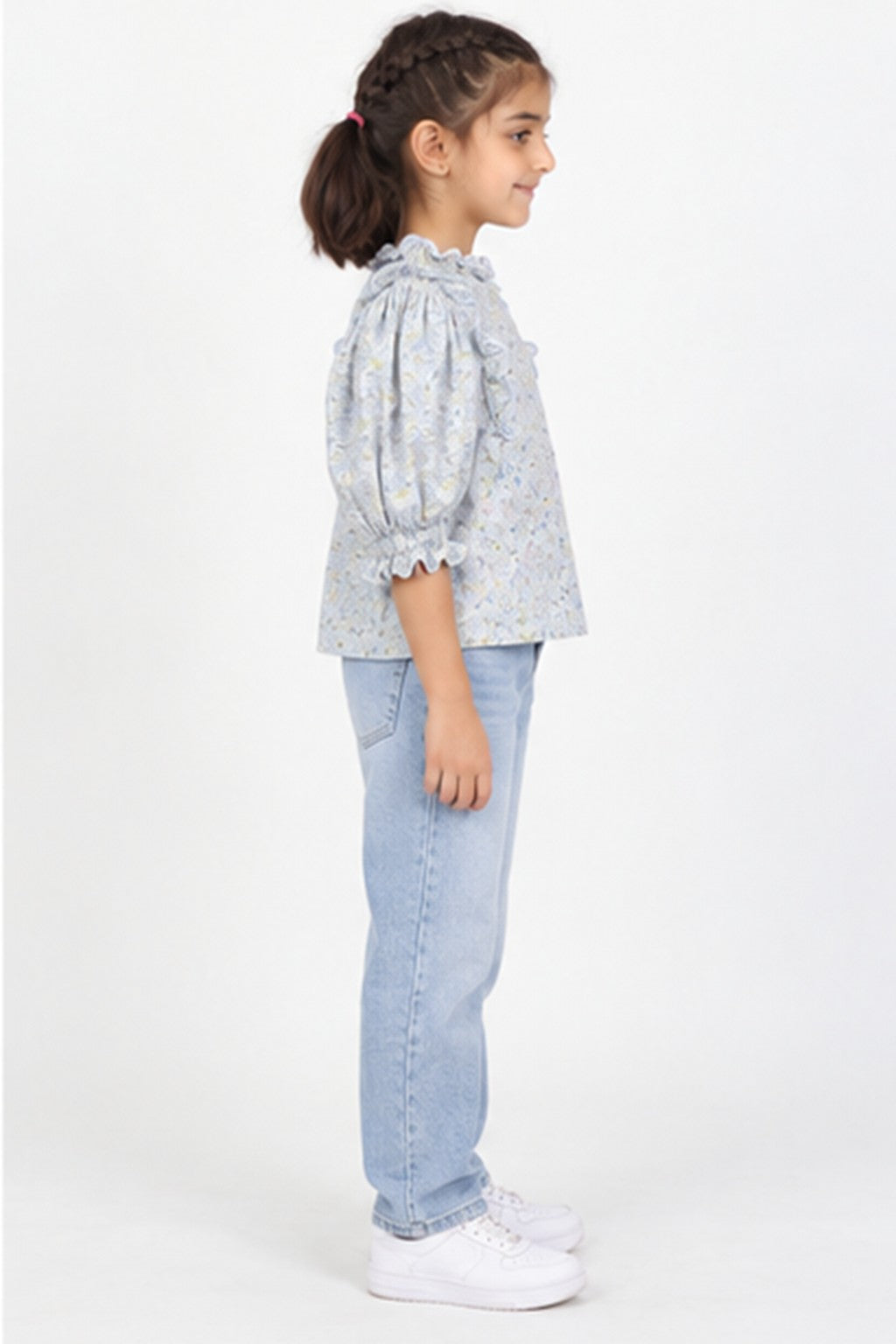 Girls' blue floral puff sleeve blouse — right