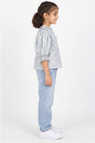 Girls' blue floral puff sleeve blouse — right