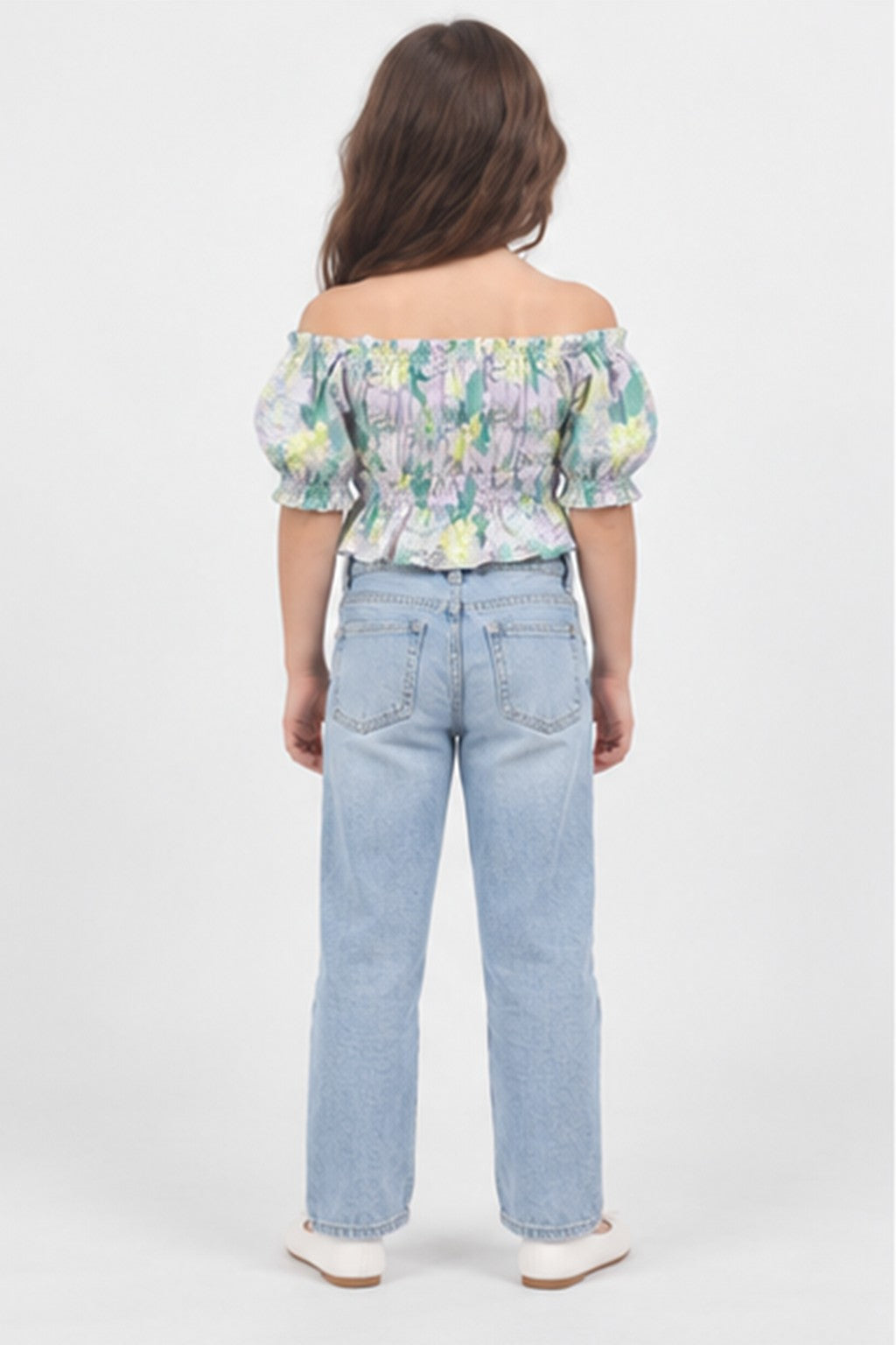 Girls' lilac tropical off-shoulder blouse — back