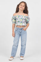 Girls' lilac tropical off-shoulder blouse — front