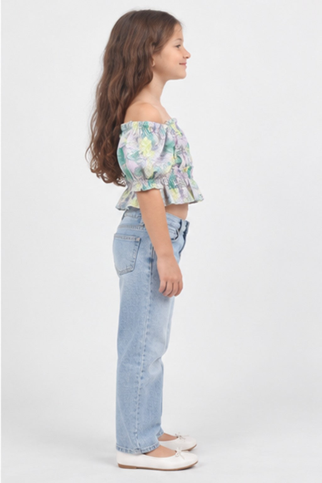 Girls' lilac tropical off-shoulder blouse — right