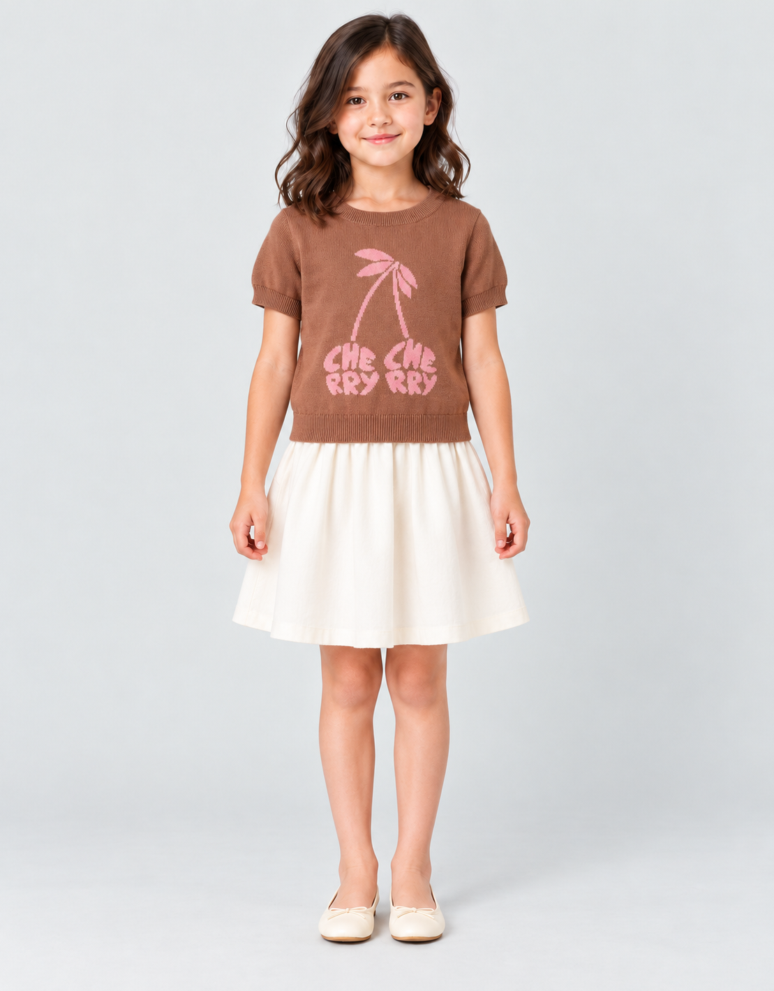 Girls brown knit cherry top, full front