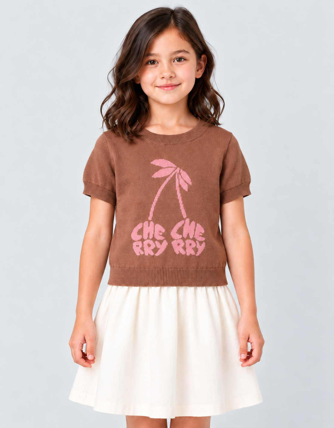 Girls brown knit cherry top, garment detail front