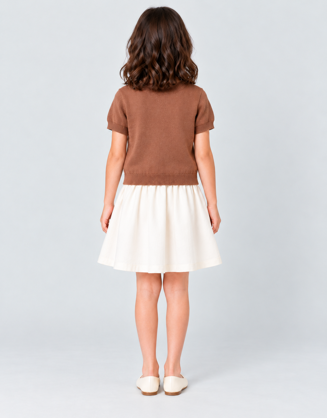 Girls brown knit cherry top, back view
