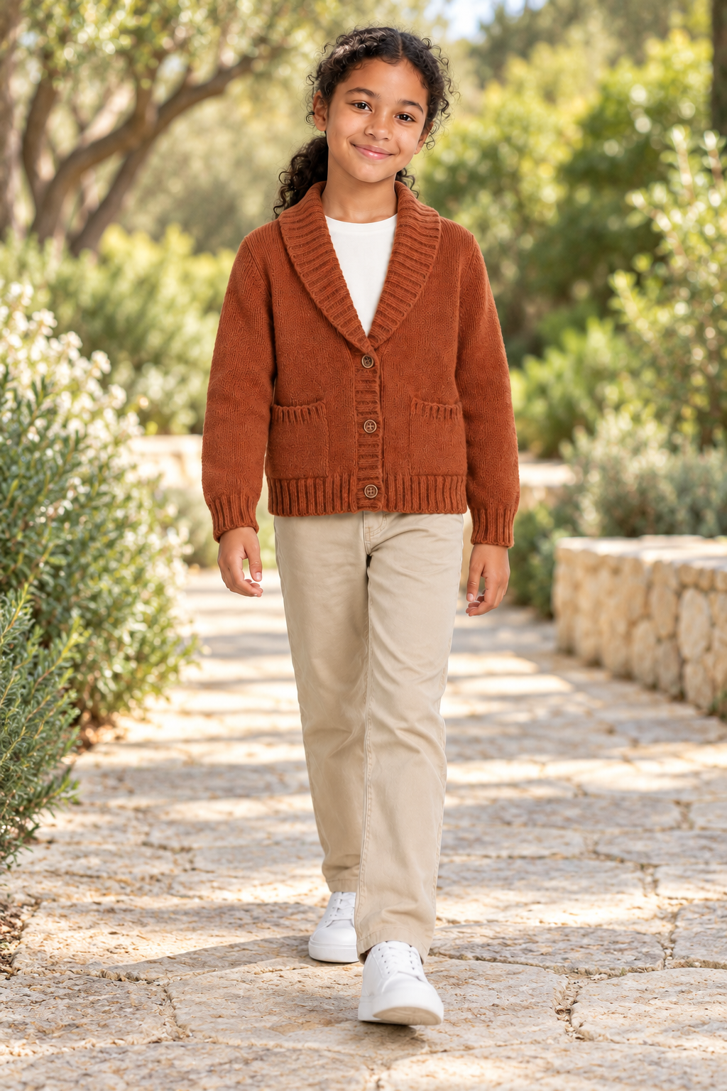 كارديجان بناتي منسوج بجيوب أمامية, brown, lifestyle model view