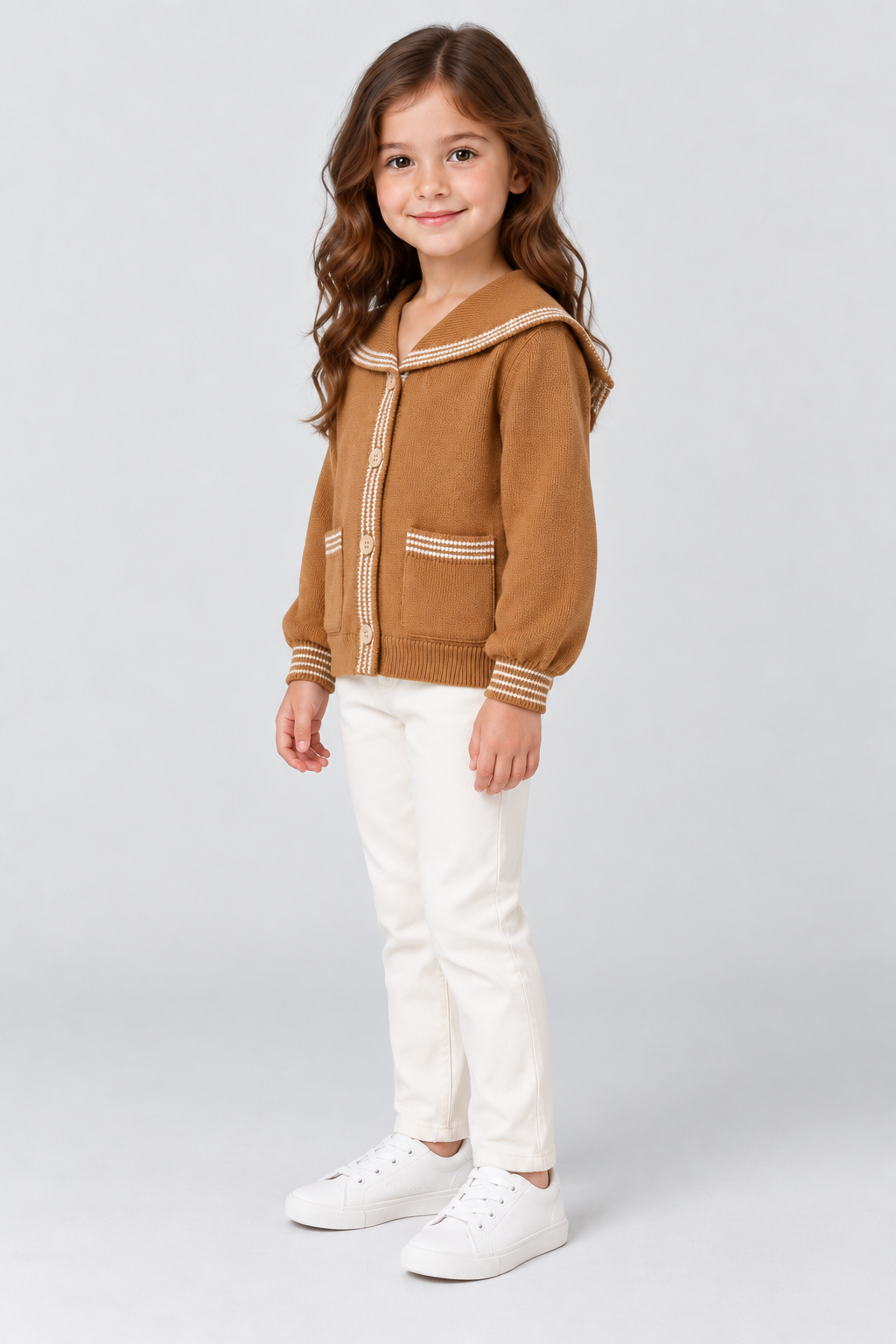 Gingersnaps brown cardigan GCA0070, side view on AI model G2