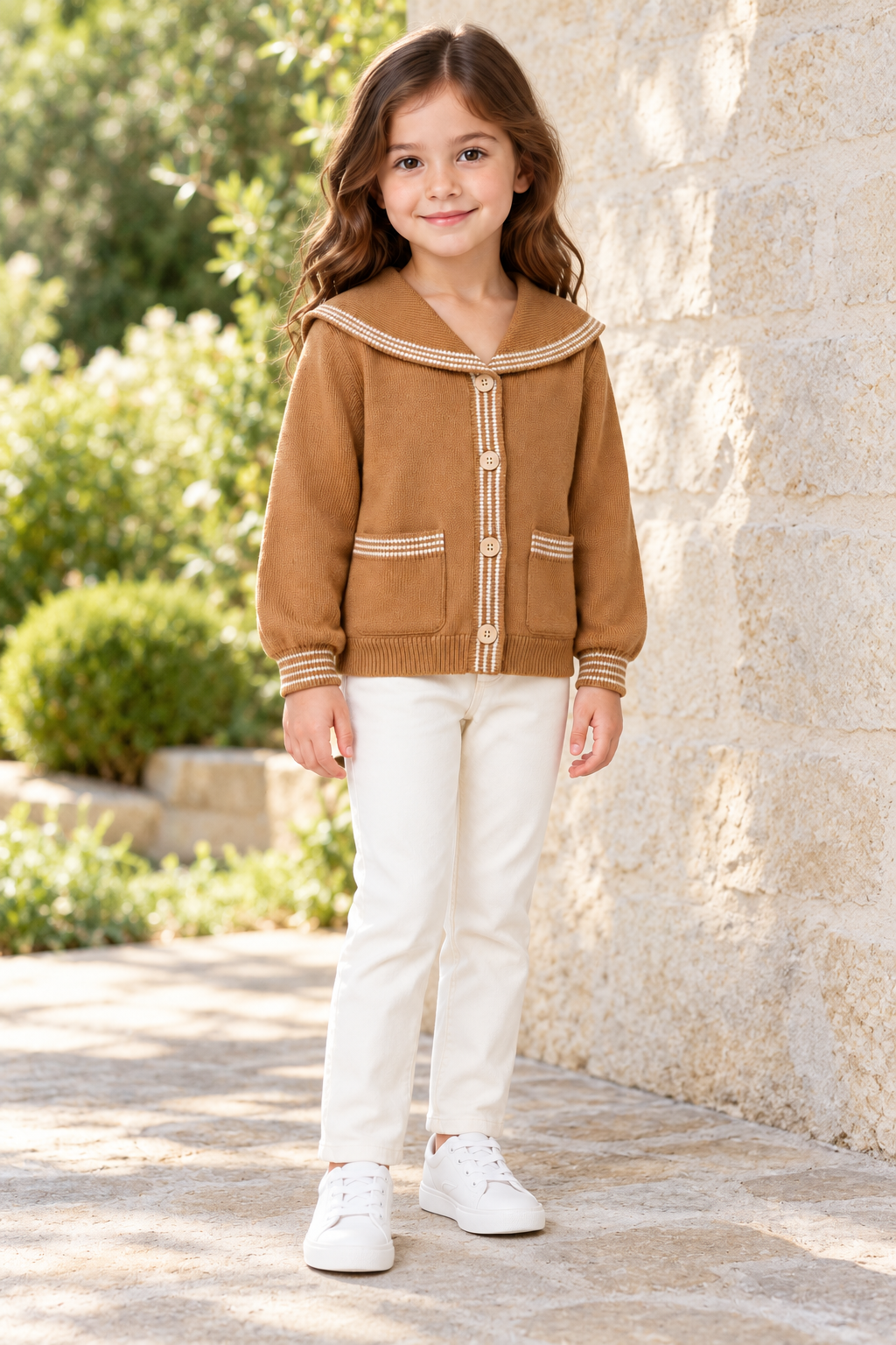 Gingersnaps brown cardigan GCA0070, lifestyle view on AI model G2