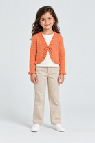 كارديجان بناتي قصير كم طويل مخرم, brown, front model view
