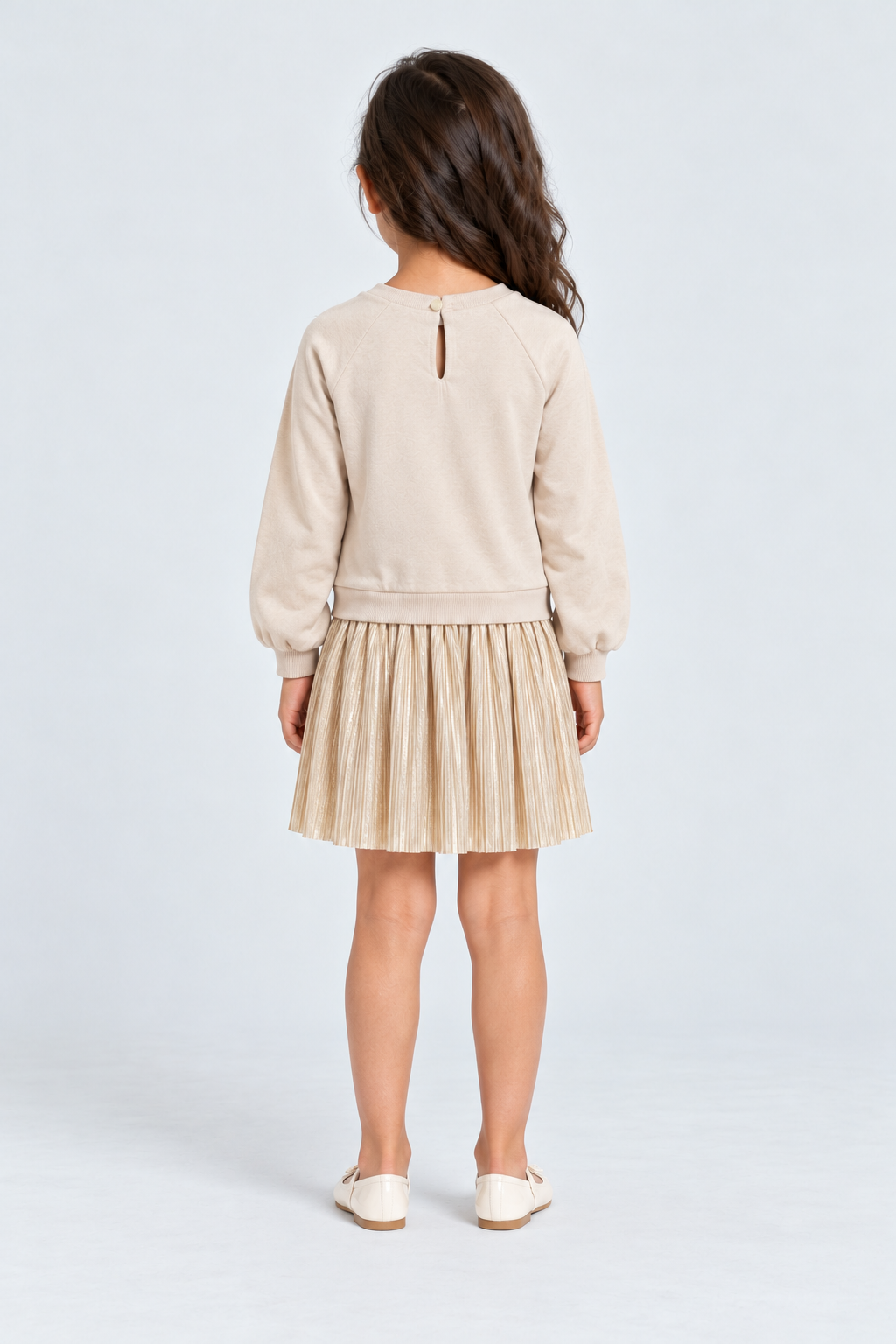 فستان شتوي مكشكش من أسفل لامع كم طويل بناتي, beige, back model view