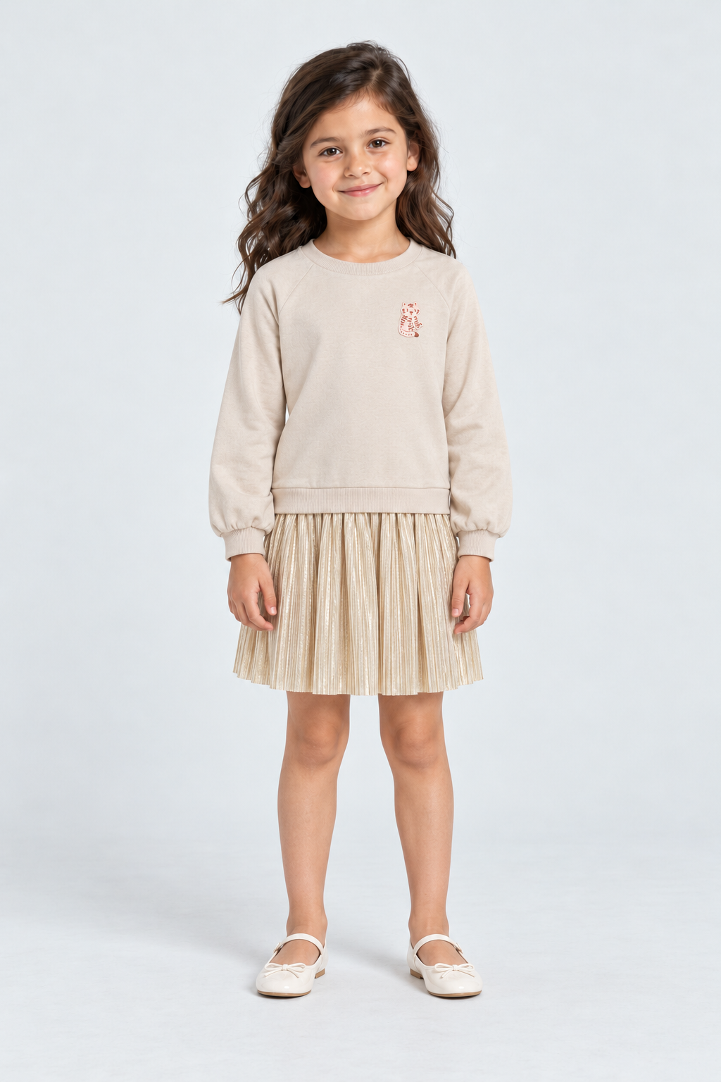 فستان شتوي مكشكش من أسفل لامع كم طويل بناتي, beige, front model view