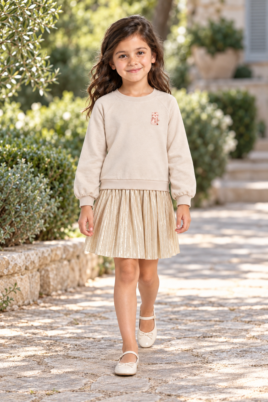 فستان شتوي مكشكش من أسفل لامع كم طويل بناتي, beige, lifestyle model view