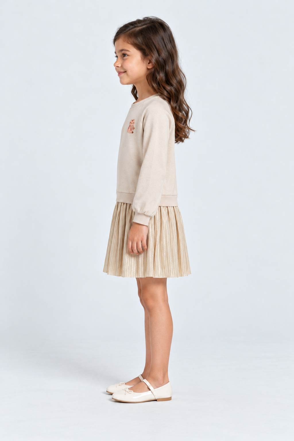 فستان شتوي مكشكش من أسفل لامع كم طويل بناتي, beige, side model view