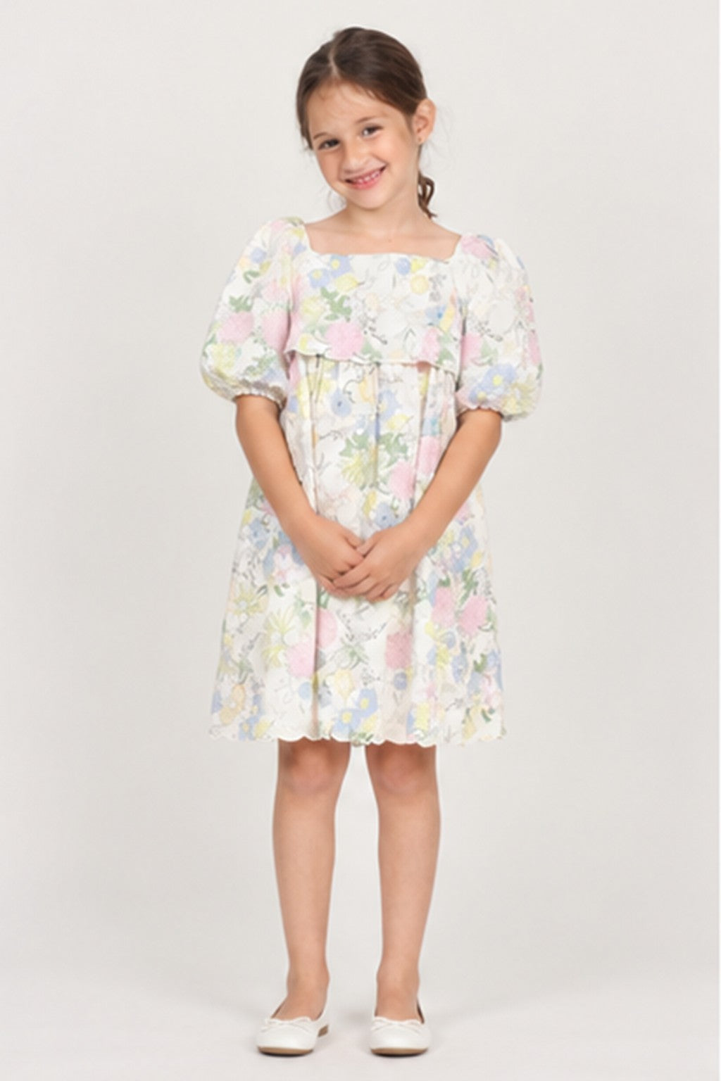Girls' pastel floral puff sleeve dress — front