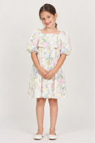 Girls' pastel floral puff sleeve dress — front