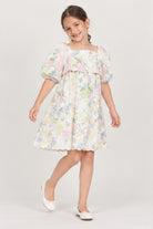 Girls' pastel floral puff sleeve dress — lifestyle