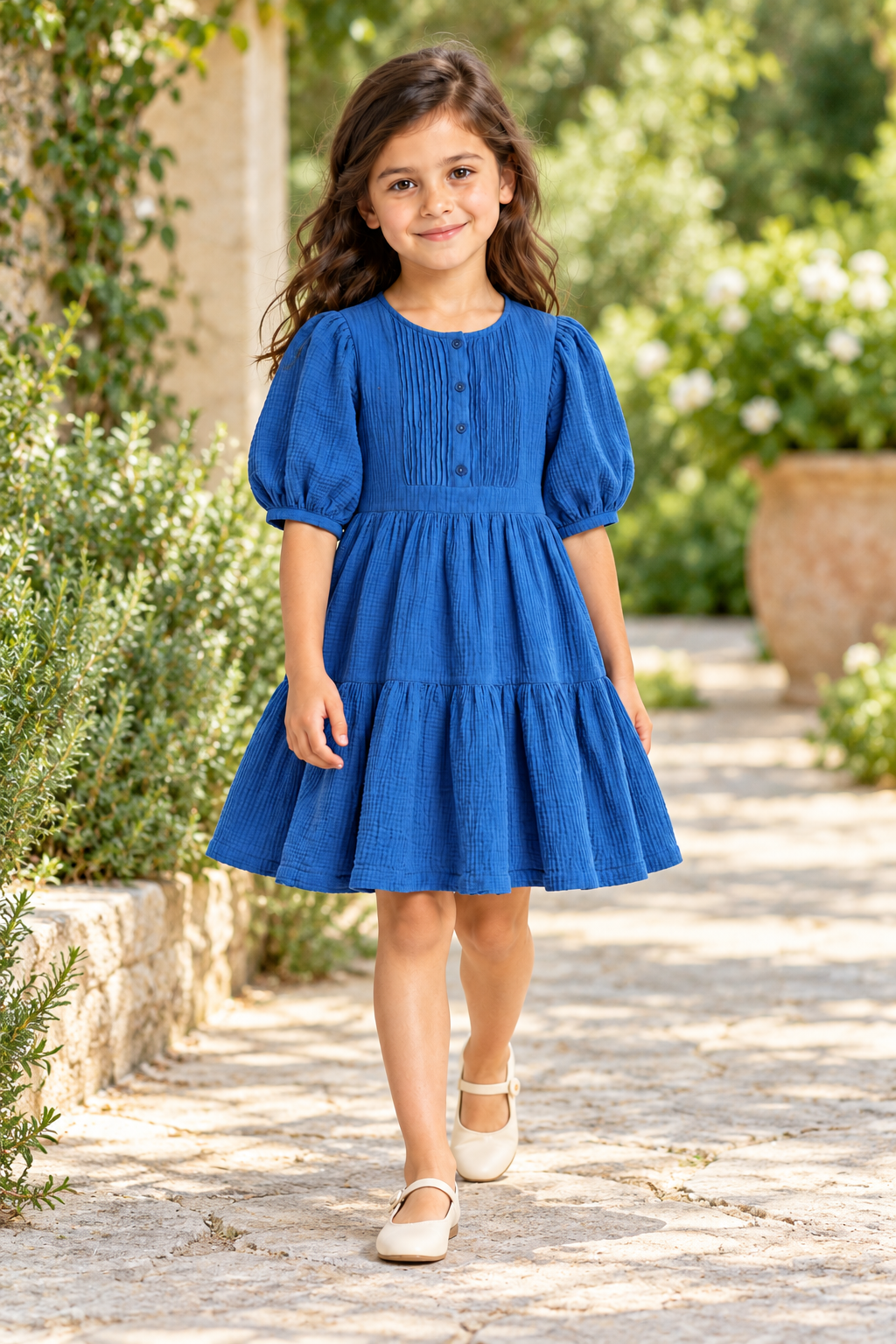 فستان بناتي نص كم بأزرار أمامية, blue, lifestyle model view