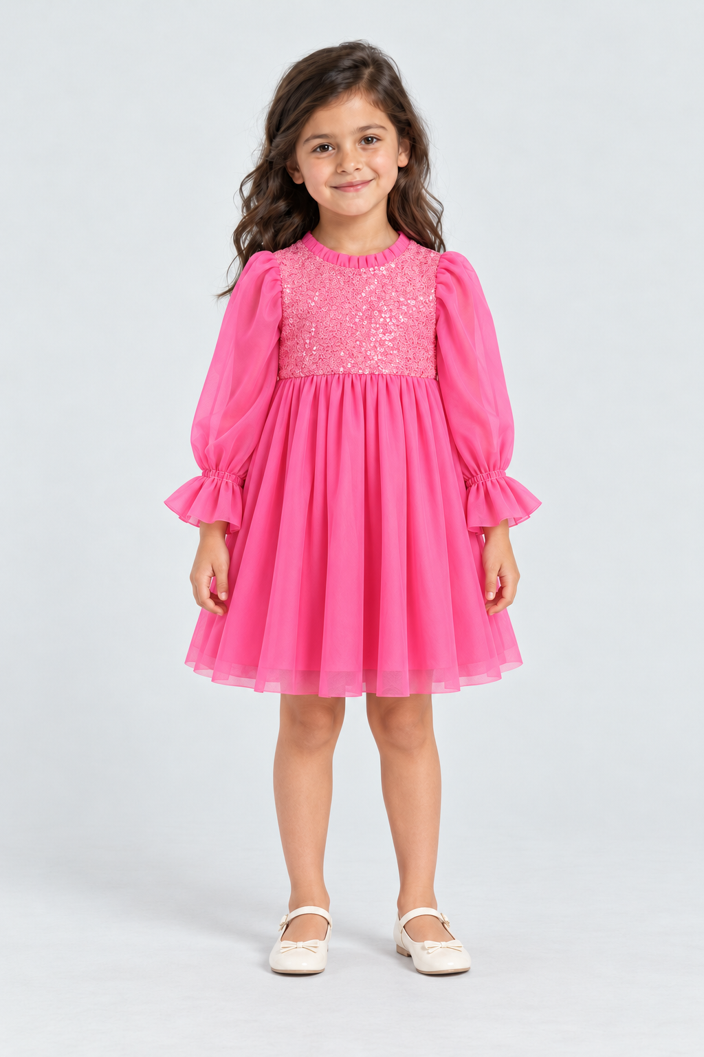 فستان بناتي لامع من أعلى كم طويل — front model view