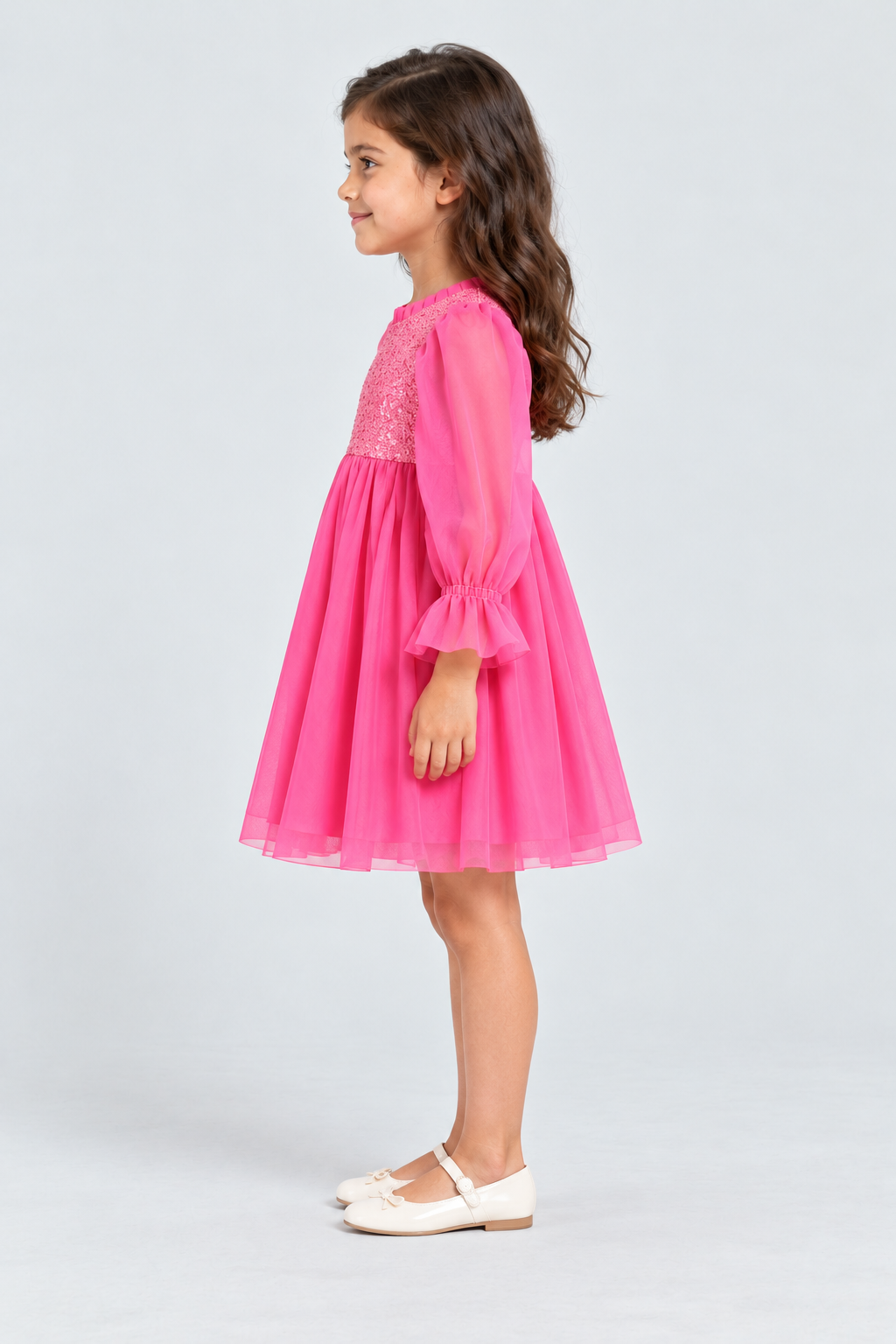 فستان بناتي لامع من أعلى كم طويل — side model view