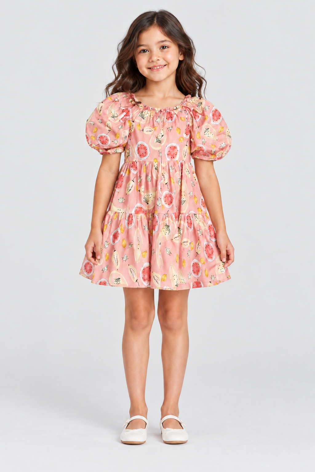 Girls’ blush-pink fruit-print dress, complete front garment detail on Lina