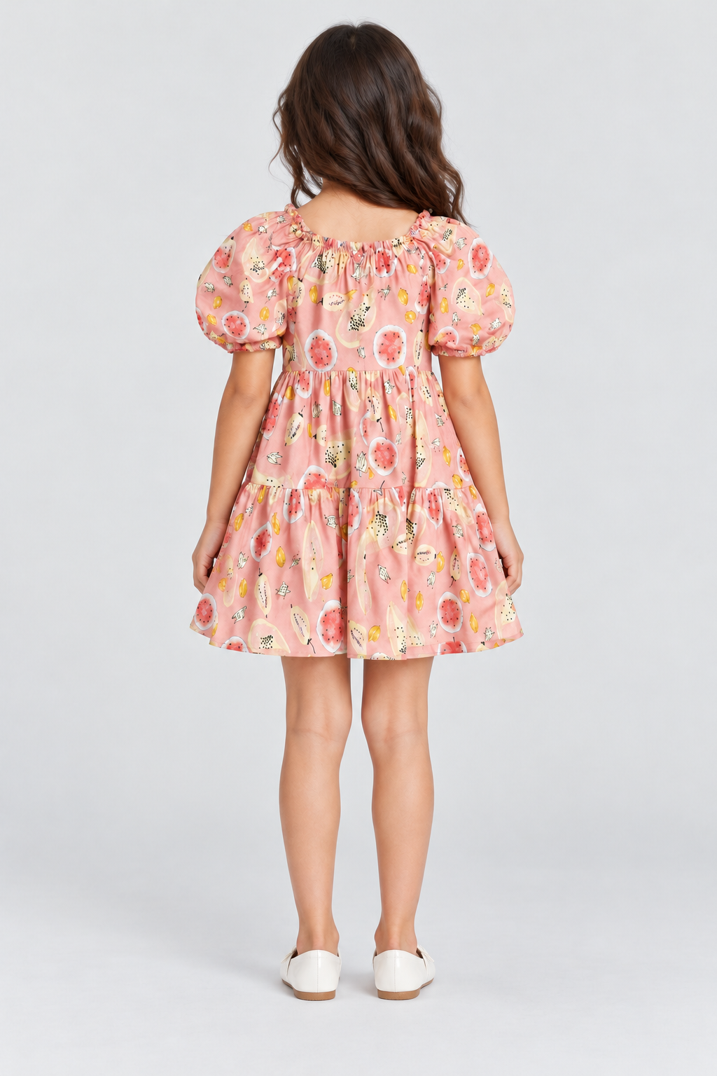 Girls’ blush-pink fruit-print tiered dress, back view on Lina