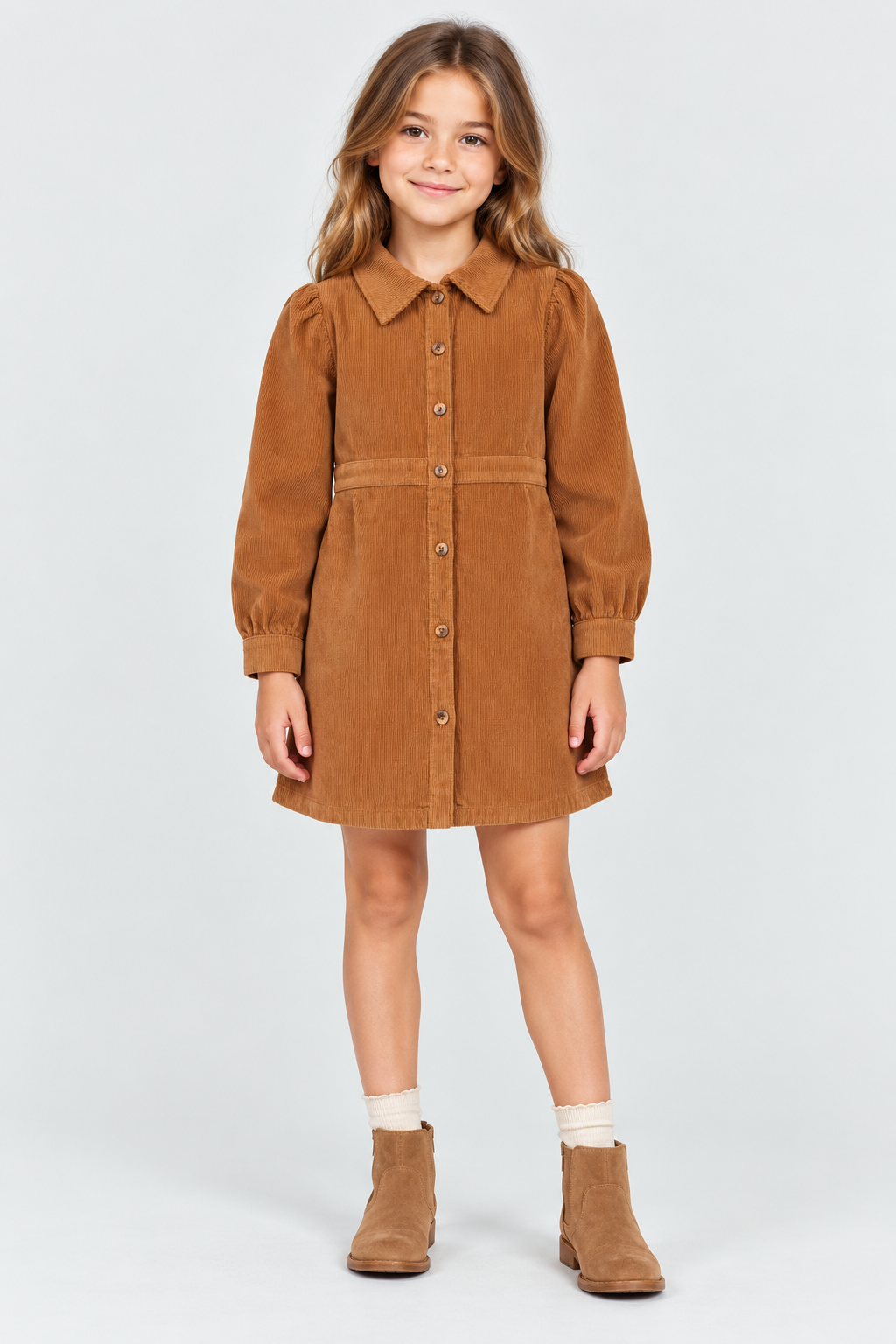 Gingersnaps GDR2171 girls brown corduroy dress - front model view