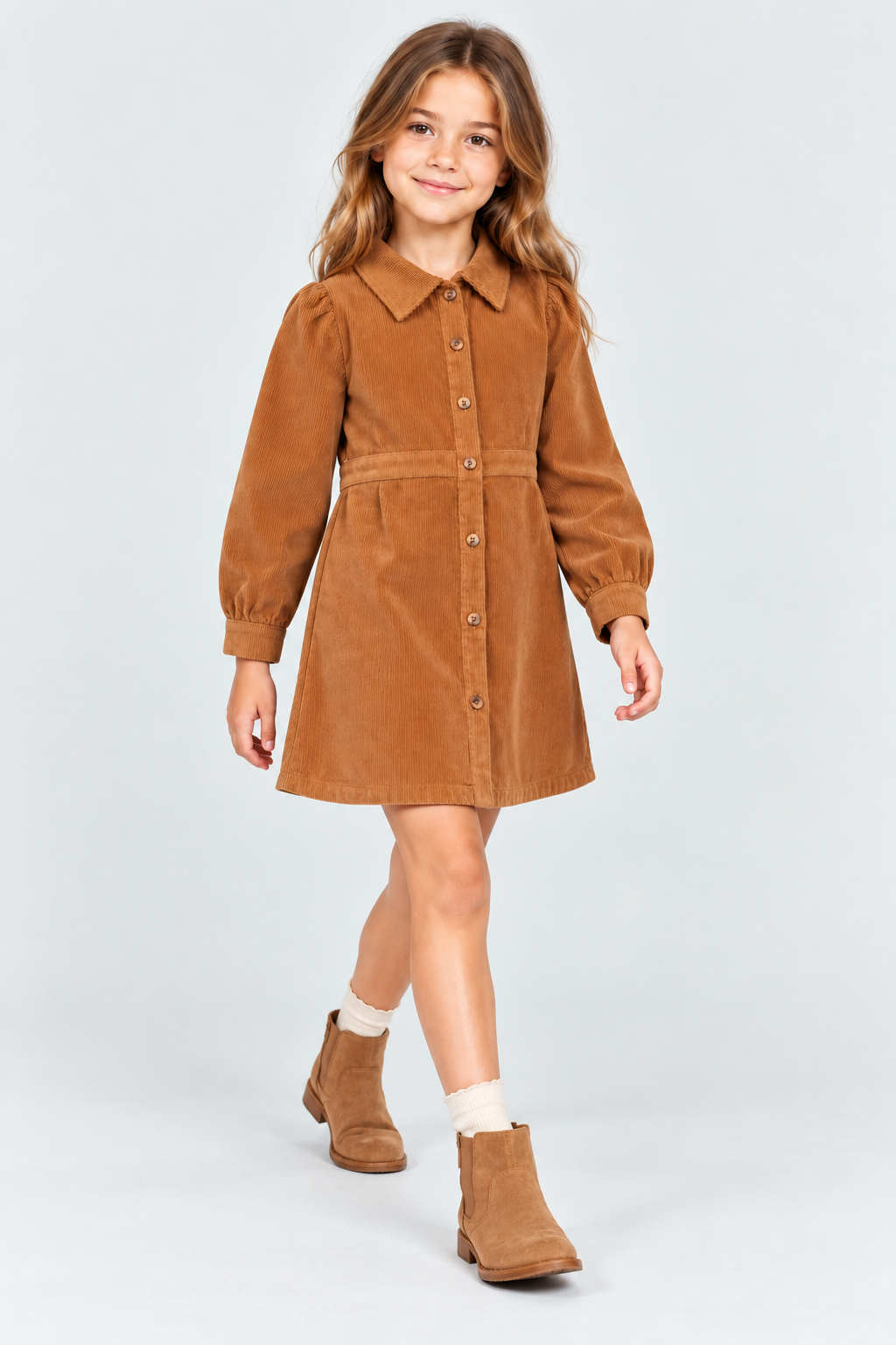 Gingersnaps GDR2171 girls brown corduroy dress - lifestyle model view