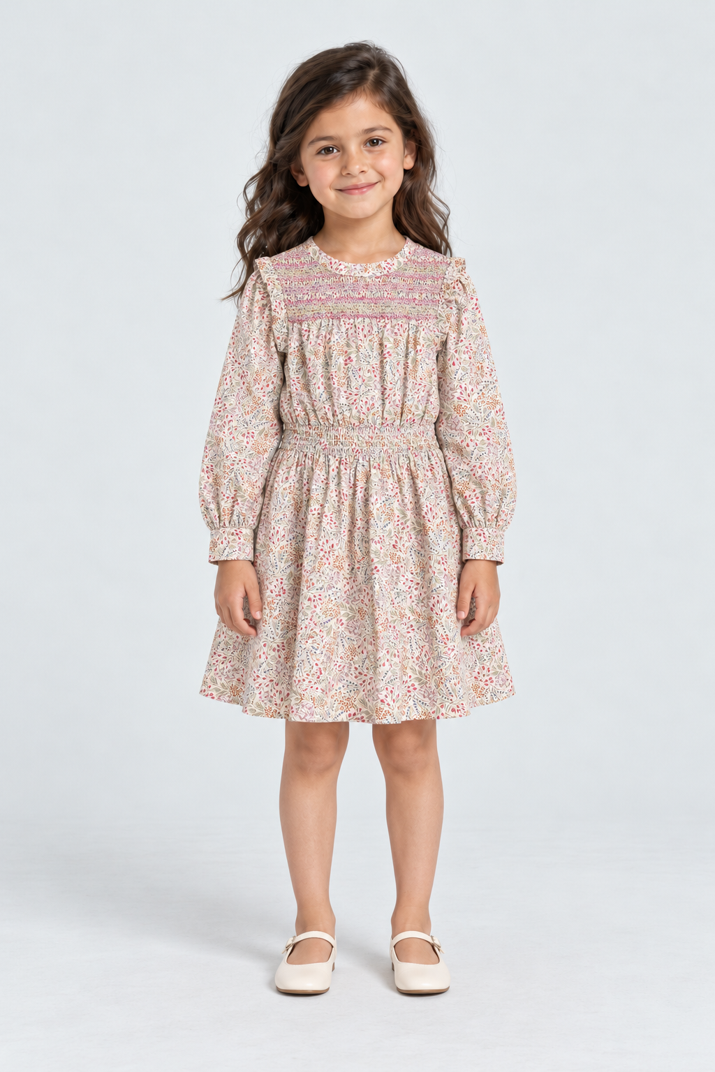 Gingersnaps girls floral smocked dress GDR2174, multicolour, front model view