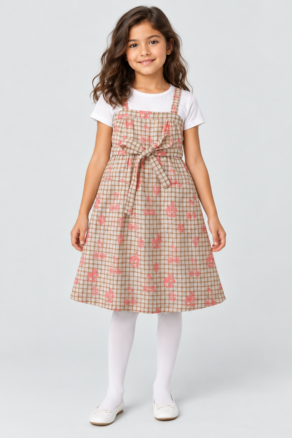 Girls plaid fruit print dress on child model, full front