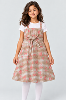 Girls plaid fruit print dress on child model, front detail