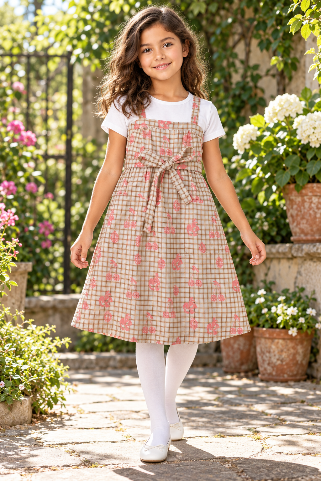 Girls plaid fruit print dress on child model, lifestyle